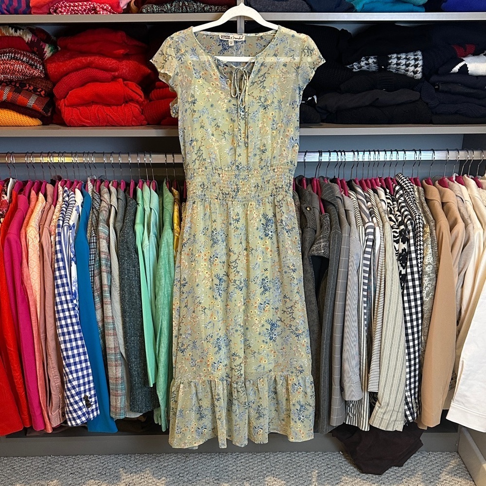 Gypsies & Moondust sage floral elastic waist cap sleeve v neck tie midi dress XS